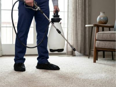 Professional using water-based carpet cleaning products in a McKinney home