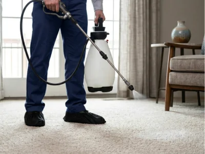 Professional using water-based carpet cleaning products in a McKinney home